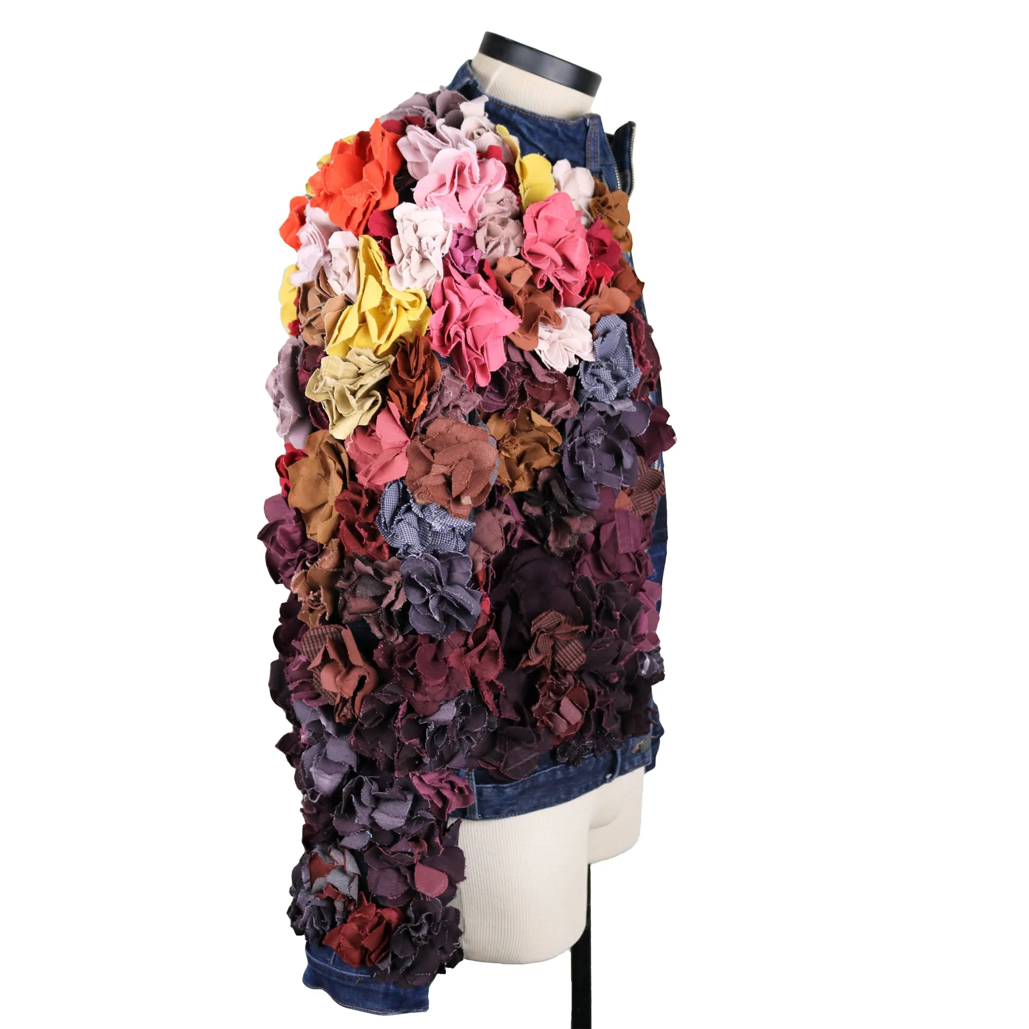 Watch Me While I Bloom - Upcycled denim jacket with 3D denim flowers